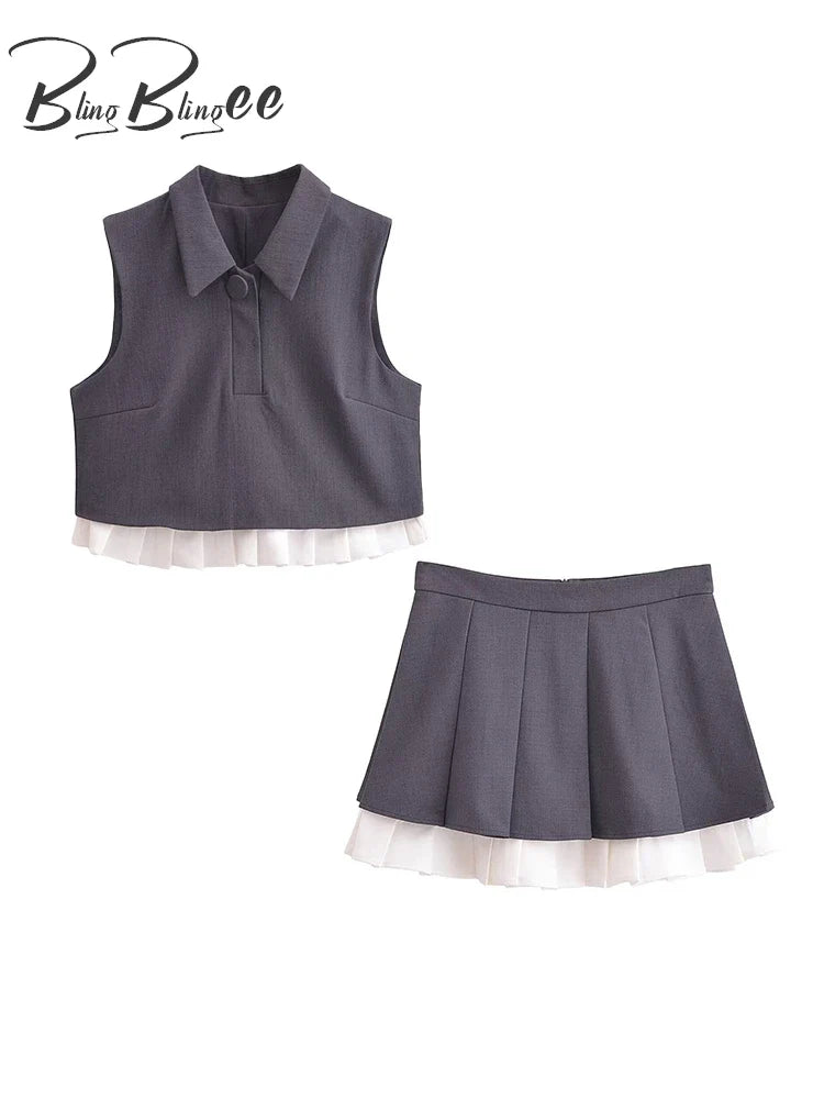 BlingBlingee Women's Summer Sleeveless Crop Top & Pleated Mini Skirt Set - Y2K Grey Patchwork Outfit for Casual Wear, Beach Vacation & Street Style Fashion