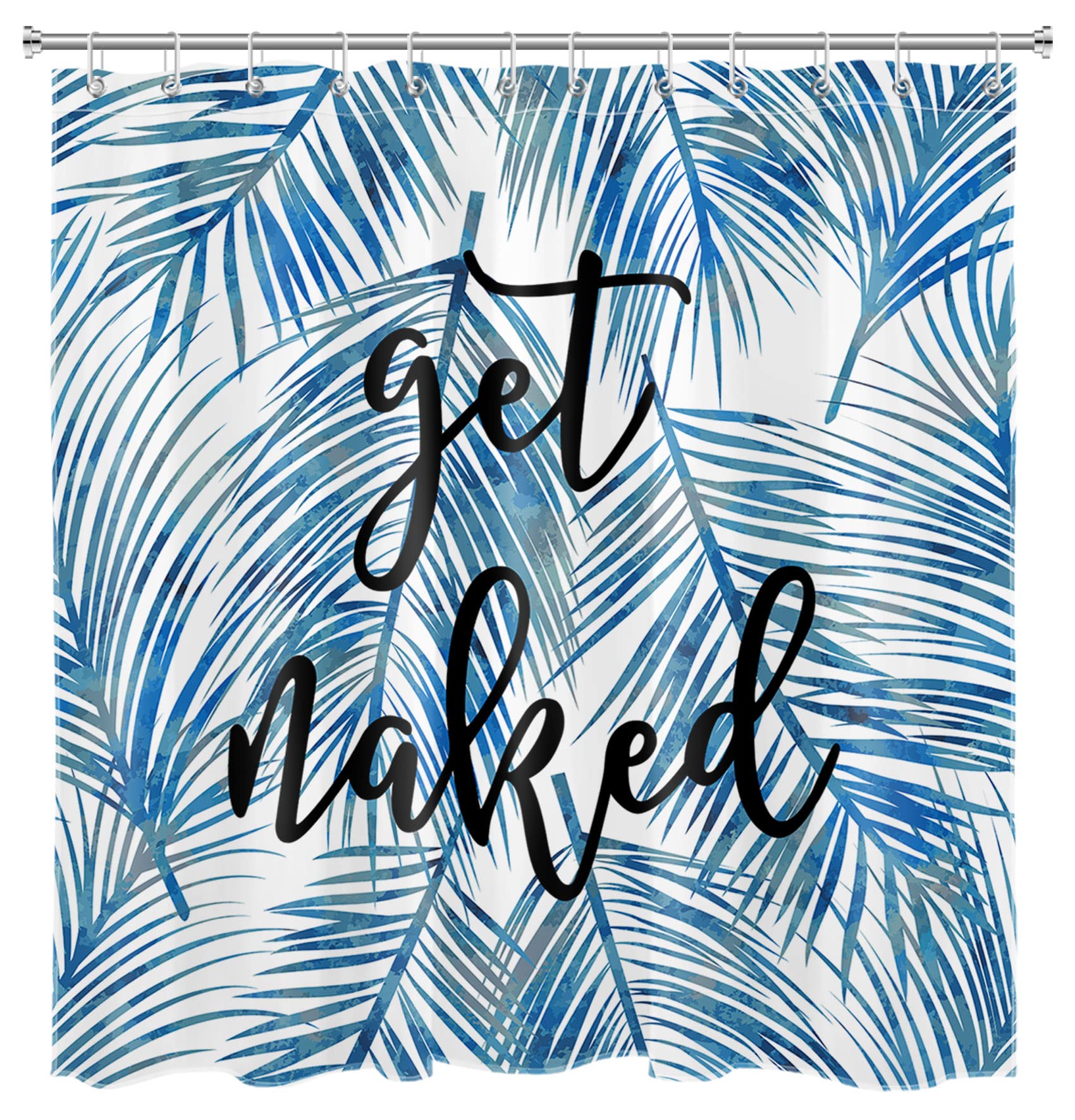 Funny Get Naked Shower Curtain - Blue Palm Leaf Tropical Jungle Design, 72x72 Inch Bathroom Decor with 12 Hooks | Waterproof Polyester Fabric for Bath Tub, Beach House & Boho Style Bathroom Decorations