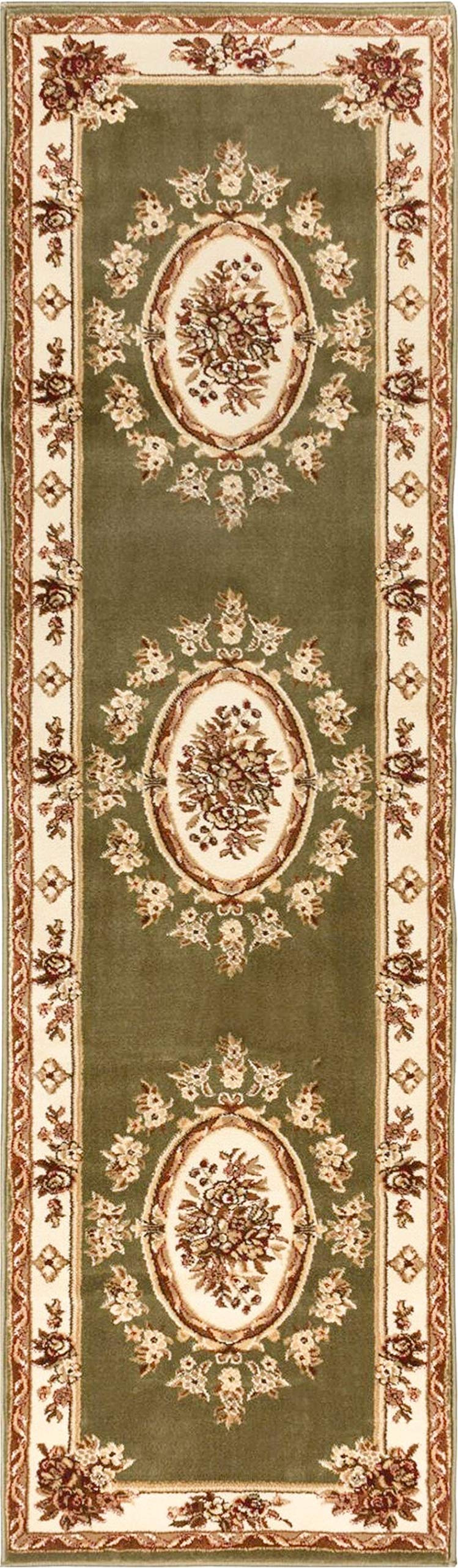 Well Woven Timeless Collection Le Petit Palais Green 3x12 Runner - Luxurious Traditional French Medallion Oriental Area Rug - Easy to Clean & Durable - Perfect for Living Room, Bedroom, Dining Room, Hallway & Entryway Decor