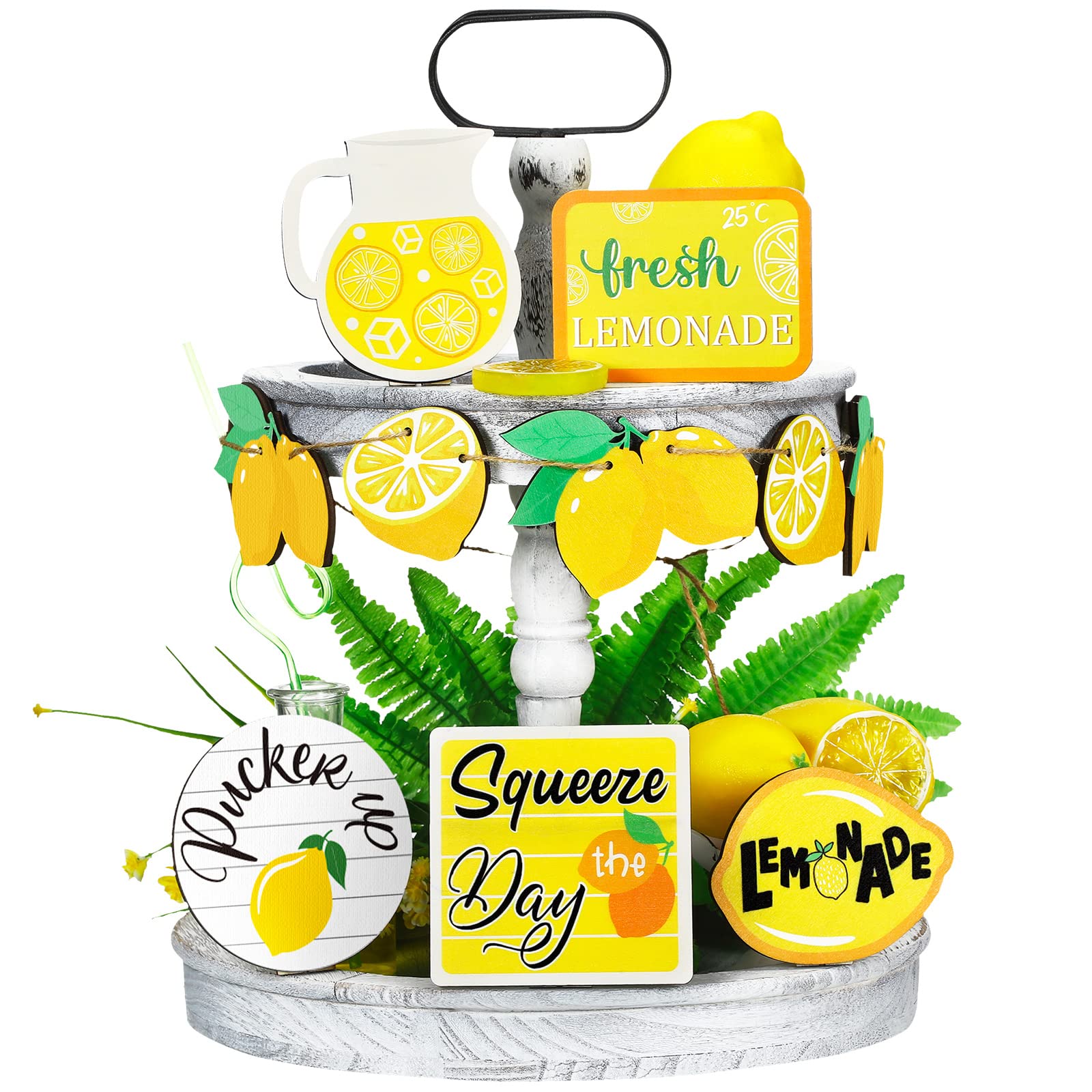 11 Pcs Lemon Summer Tiered Tray Decor Set - Farmhouse Wood Signs for Home & Party Decorations