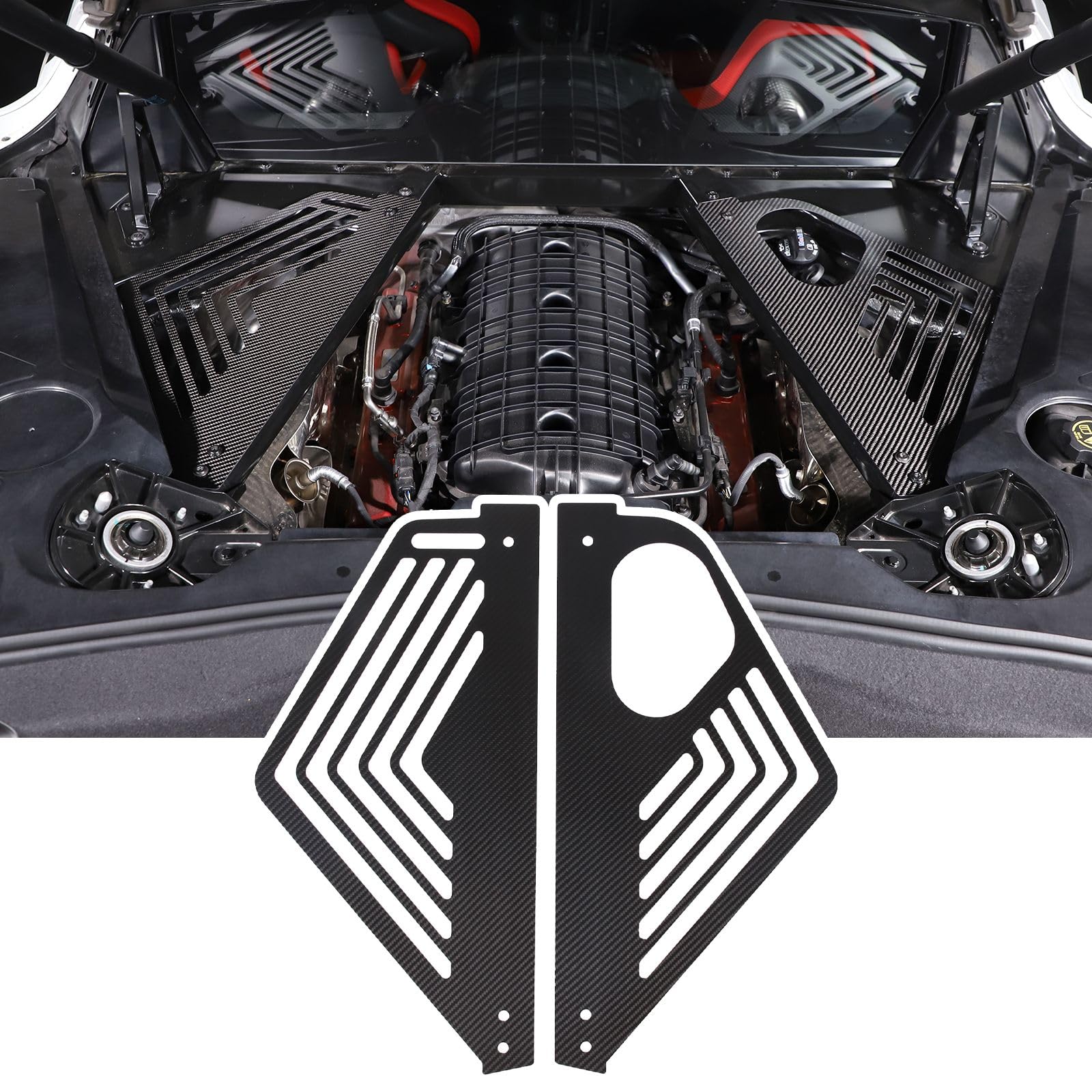 C8 Corvette 2020-2024 Left & Right Engine Bay Panel Cover - Aluminum Splash Shield Guard with Carbon Fiber Finish | Durable Underbody Protection for Corvette Stingray | Perfect for Racing, Car Shows & Daily Driving
