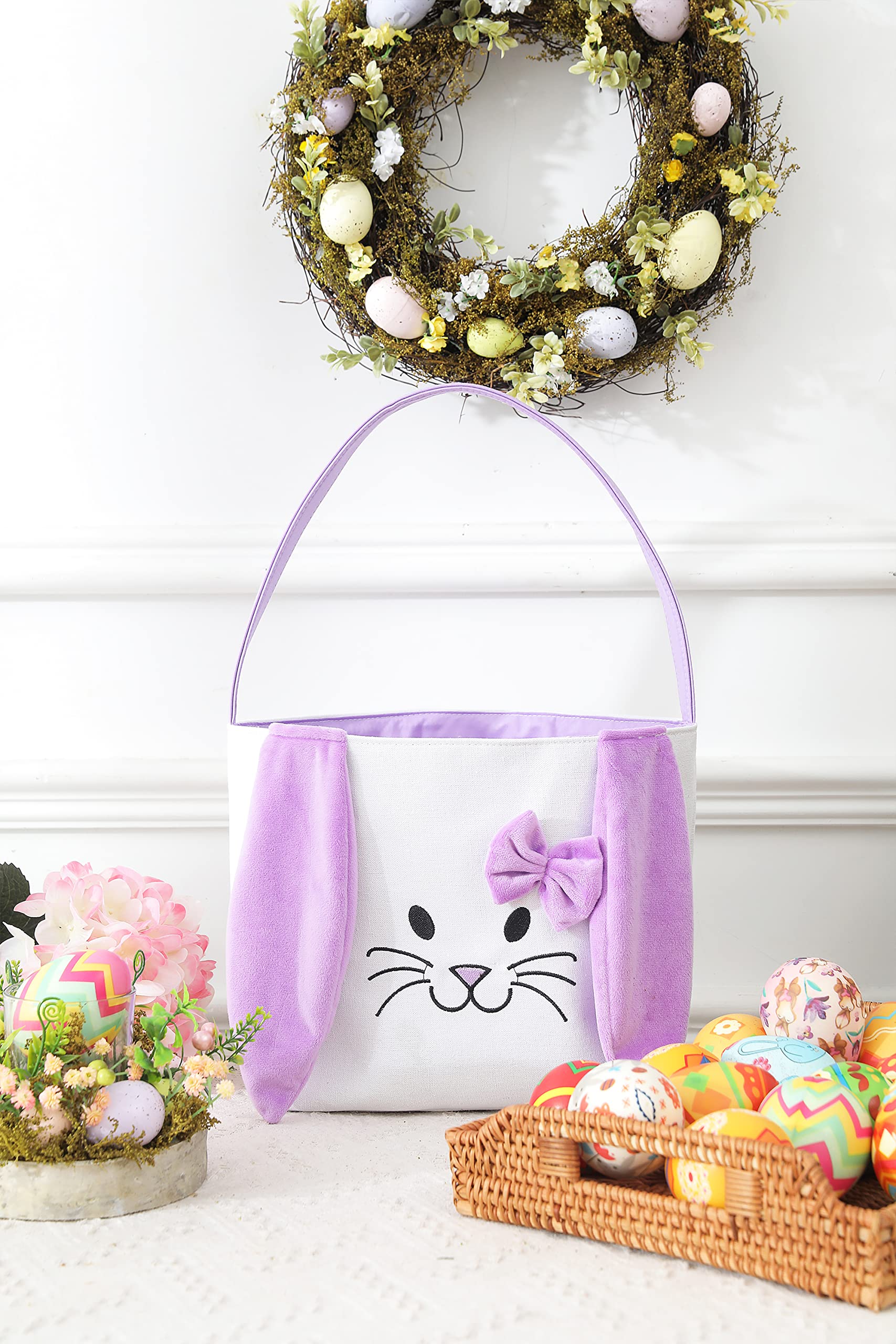 Easter Baskets for Kids - Boys & Girls Easter Egg Hunt Basket Set, Cute Bunny Printed Canvas Gift Basket for Toddlers - Easter Party Decorations & Supplies (Purple & Blue) - Perfect for Easter Egg Hunts, Birthday Gifts & Spring Decor