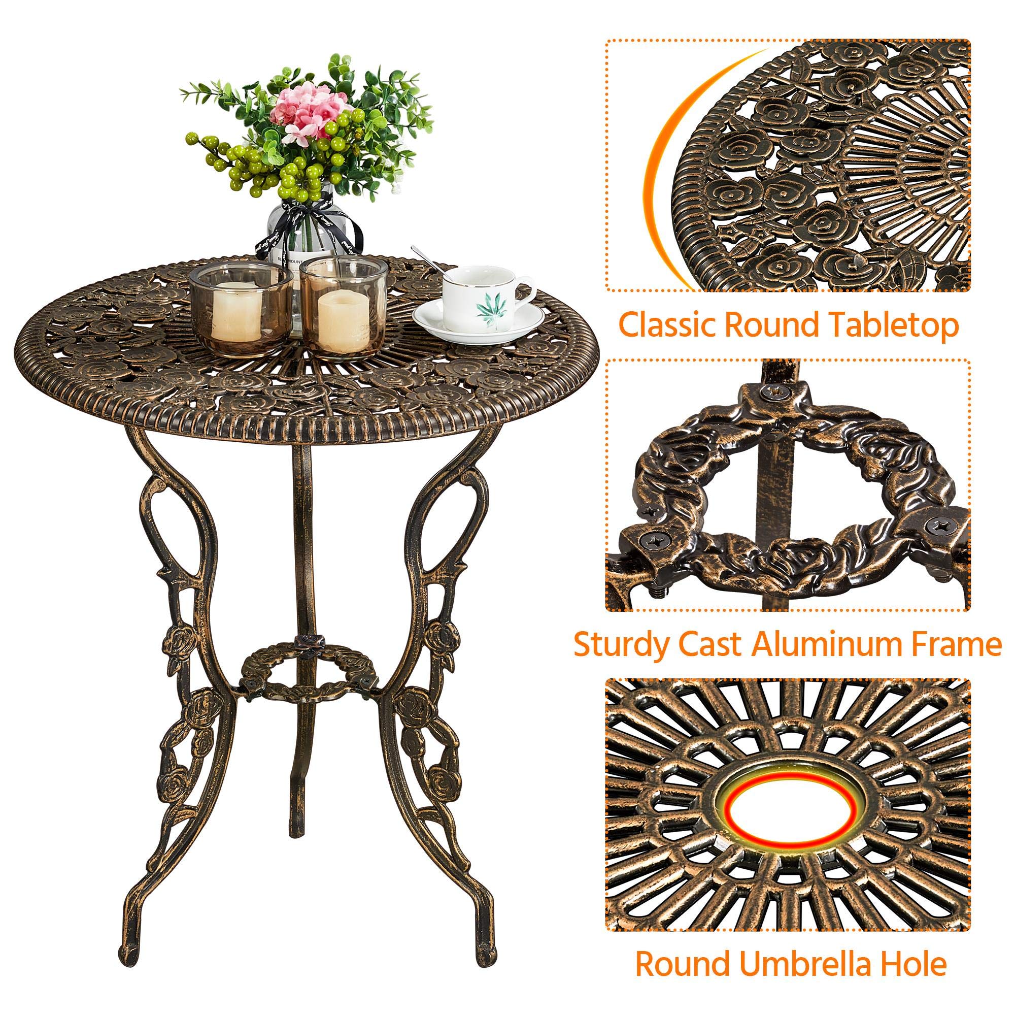 Topeakmart 3-Piece Outdoor Patio Bistro Table Set in Antique Bronze Rose - Durable Cast Aluminum Garden Furniture with Umbrella Hole for Porch, Backyard & Outdoor Dining | Perfect for Entertaining, Relaxing & Summer BBQs