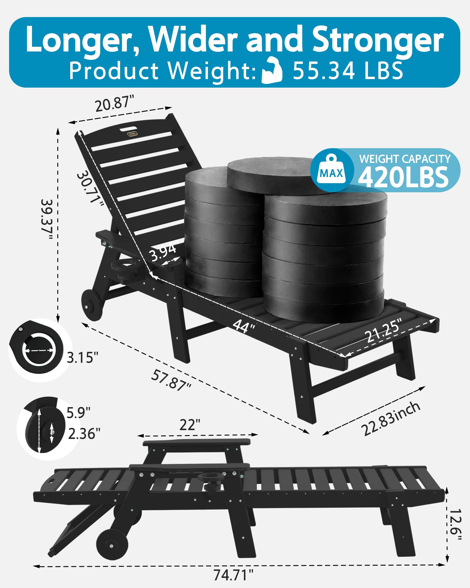 Outdoor Chaise Lounge Chair with Wheels - Oversized Patio Chair with Wood Texture - 5-Position Adjustable Plastic Sun Lounger for Pool, Beach, Deck & Backyard Relaxation | Perfect for Sunbathing, Reading & Outdoor Lounging