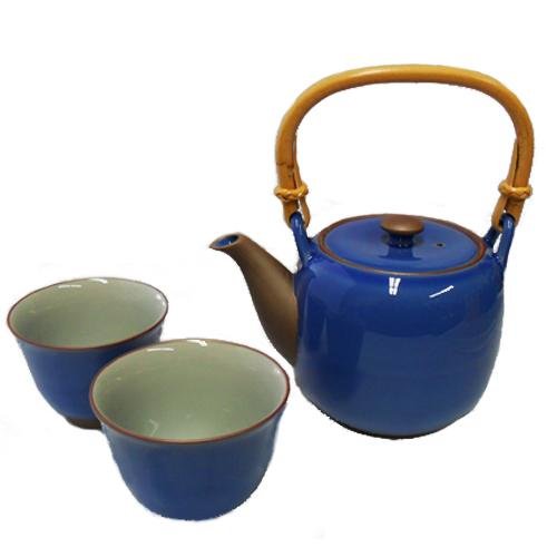 Premium Japanese Blue Ceramic Tea Pot and Cups Set - 3 Piece Traditional Matcha Tea Accessories for Home, Office & Gift Giving