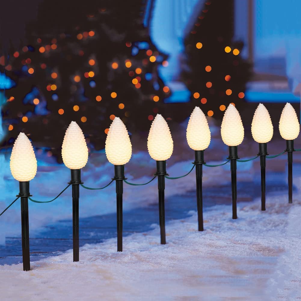 Set of 2 C9 Christmas Pathway String Lights - 7 Ft LED Pinecone Stake Lights with 8 Pine Cone Lights, Waterproof Outdoor Walkway & Driveway Decor - UL Listed - Perfect for Holiday Yard, Garden, and Christmas Landscape Lighting