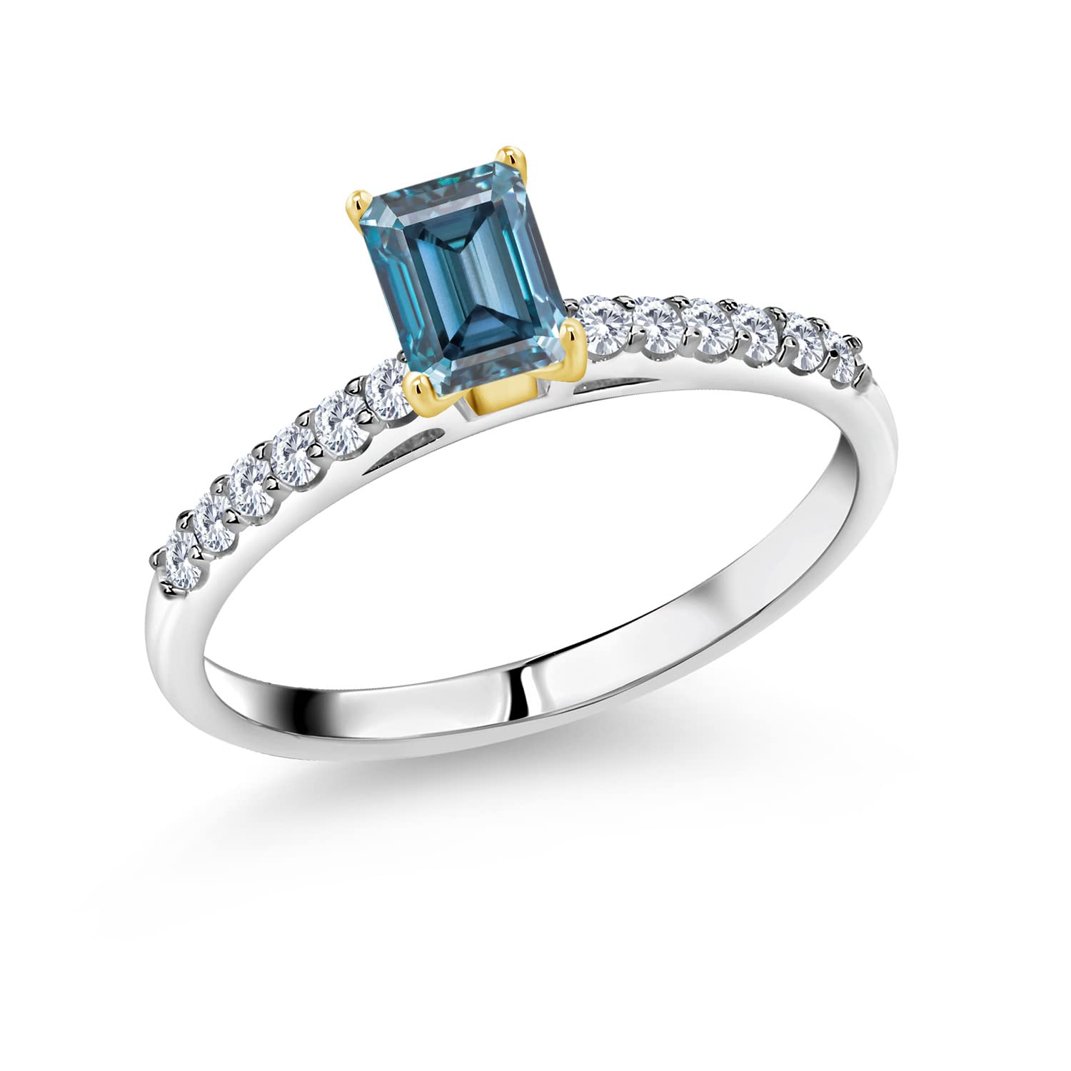 10K White Gold Ring with Yellow Gold Prongs - Octagon Persian Blue Moissanite & Forever Classic Moissanite (1.20 Cttw, IJK Color) by Charles & Colvard | Elegant Engagement Ring, Wedding Band, Anniversary Gift for Her