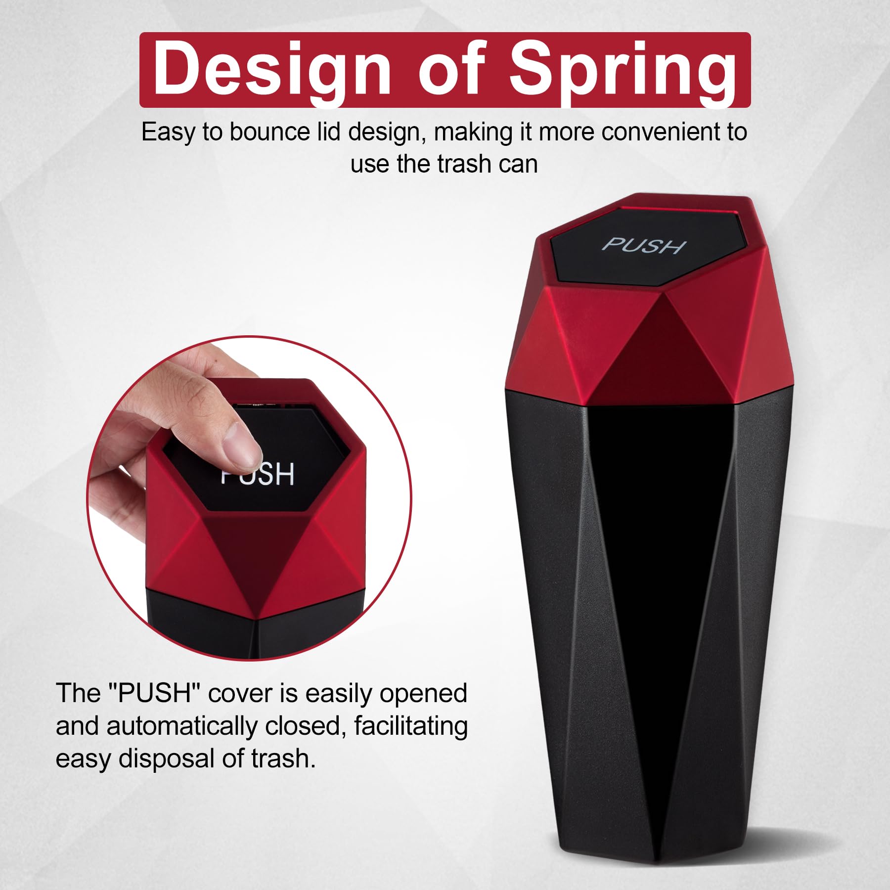 LivTee Diamond Design Car Trash Can with Lid - Small Automatic Portable Trash Bin with 4 Car Purse Hooks - Interior Car Accessories for Women & Men (Red) - Perfect for Road Trips, Commuting & Keeping Your Vehicle Clean