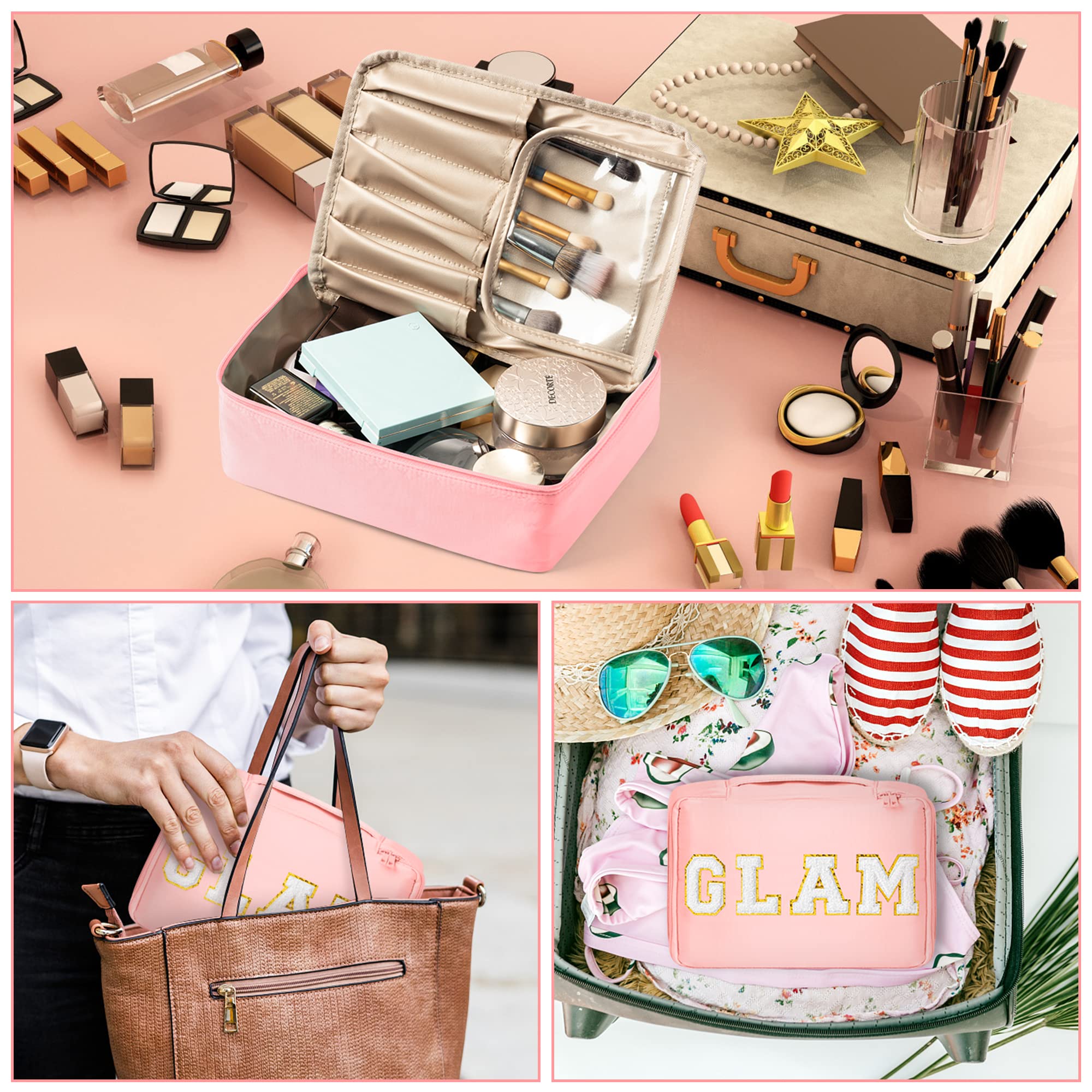 Preppy Patch GLAM Makeup Bag - Large Travel Cosmetic Organizer (Pink) for Brushes & Toiletries