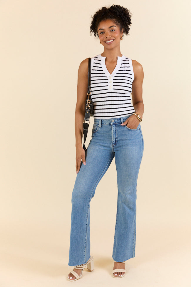 Stylish Ivory and Black Striped Henley Tank Top for Women - Perfect for Casual Outfits, Layering & Summer Fashion