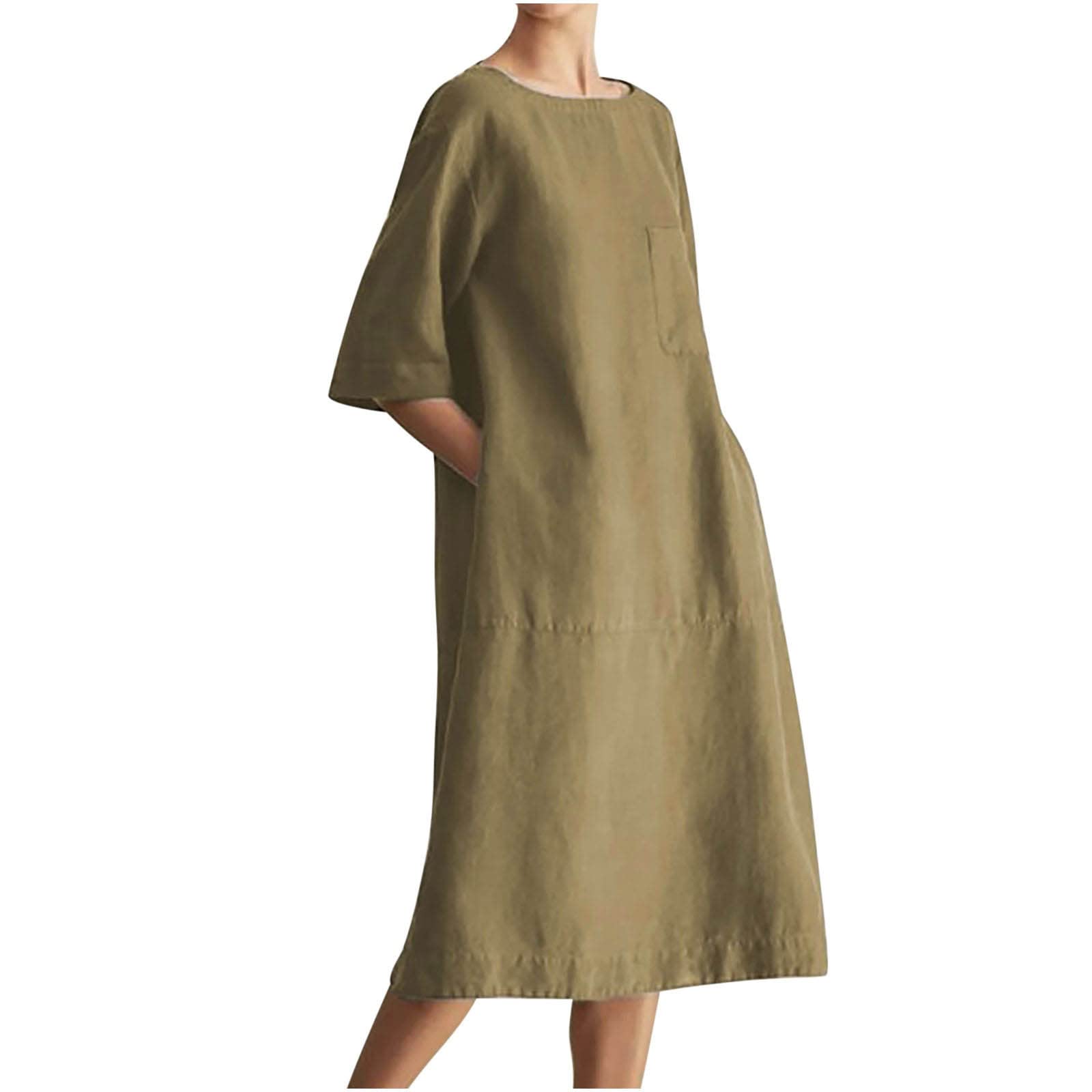 Women's Summer Dresses - Solid Color Cotton Linen Crewneck Knee-Length Casual Dress with Half Sleeves | Perfect for Beach Outings, Vacation Wear & Summer Fashion