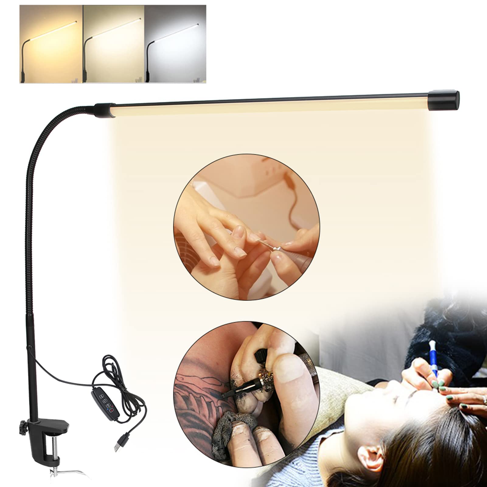 EXCLUZO Long Arm Desk Lamp with Multi-Angle Adjustment & Dimmable Light - 360° Flexible Bendable for Nail Art, Eyelash Extensions, Makeup, Reading & Office Work