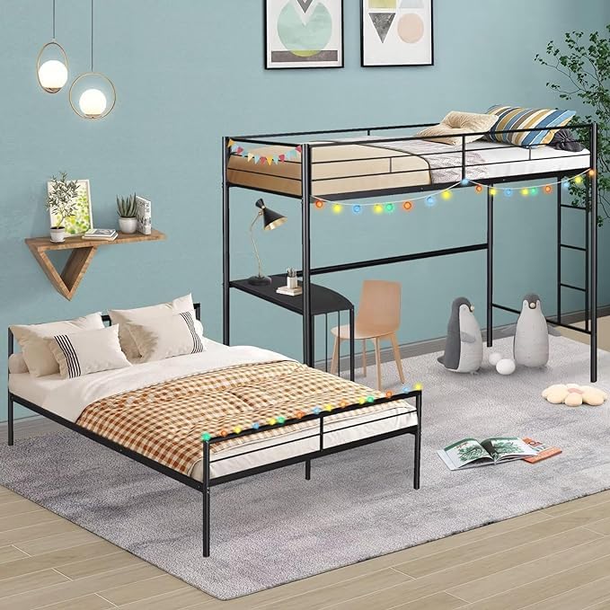 Twin Over Full Metal L-Shaped Bunk Bed with Desk - Space Saving Convertible Bunk Bed Frame for Kids & Teens | Guardrail & Ladder Included | Noise-Free Black Finish | Converts to Twin Loft Bed or Full Platform Bed | Perfect for Small Bedrooms, Dorm Rooms & Shared Kids' Spaces