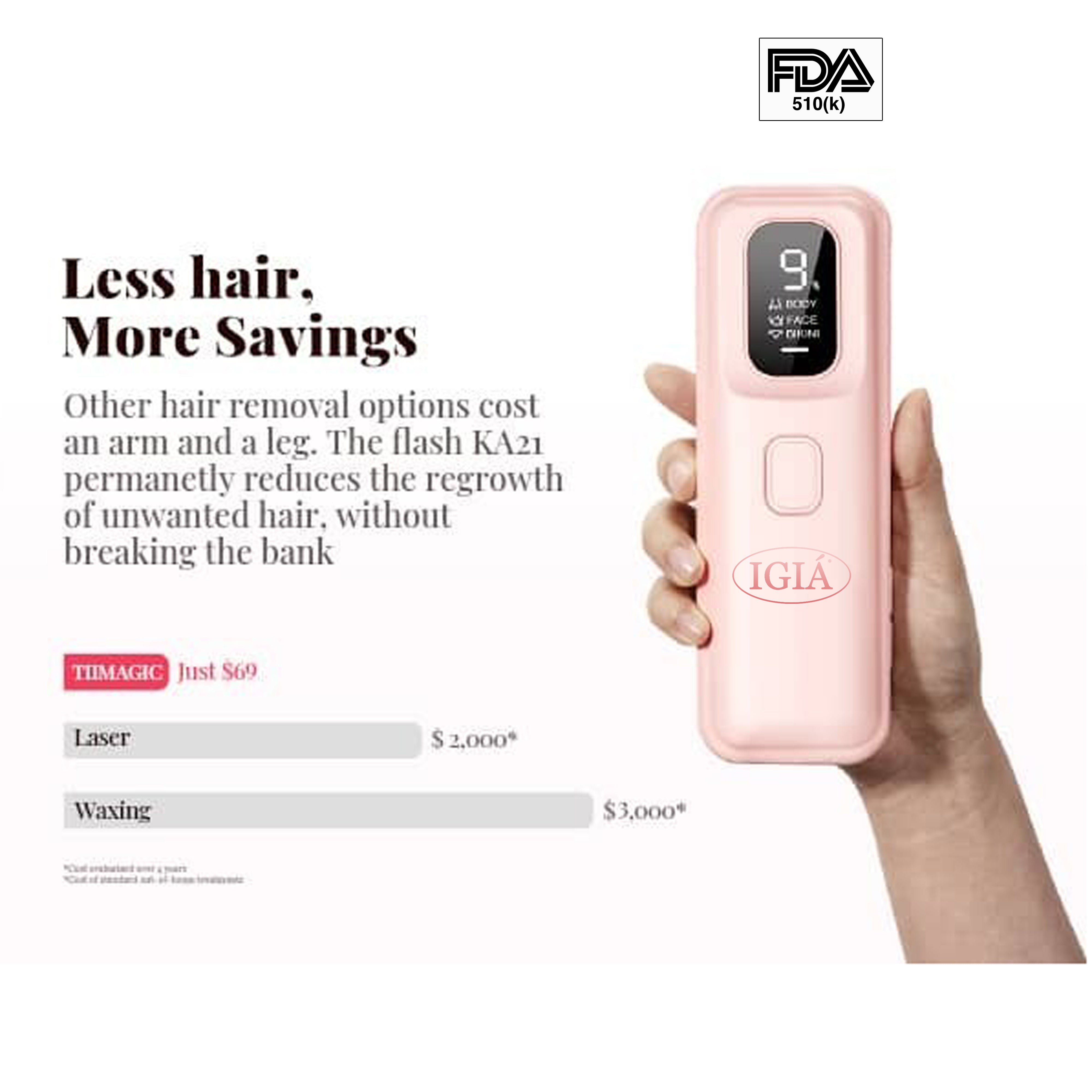 IGIA FDA 510k Approved IPL Hair Removal Device - Permanent Hair Remover for Face, Legs, Underarms & Bikini Line - At-Home Laser Hair Removal System for Women & Men - Painless & Effective Solution for Smooth Skin