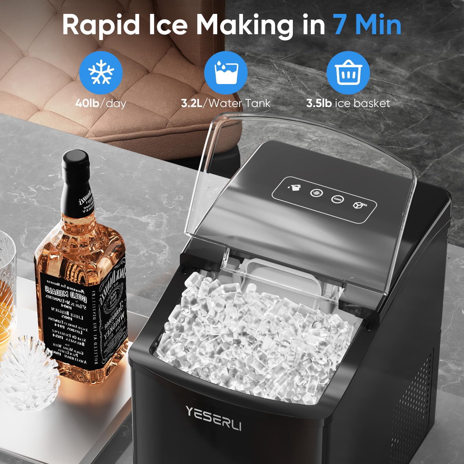 Portable Nugget Ice Maker - 40lbs/Day Soft Chewable Pellet Ice Machine with Self-Cleaning, Ice Scoop & Basket - Countertop Ice Maker for Home, Office, Party, RV - Perfect for Cocktails, Sodas & Outdoor Entertaining (Black)
