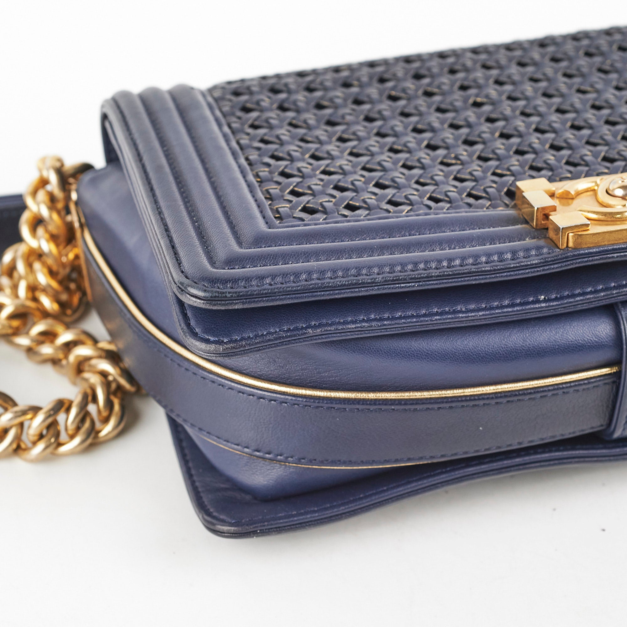Chanel Old Medium Braided Reverso Boy Bag in Navy Blue - Luxury Designer Handbag for Women, Perfect for Evening Events & Special Occasions