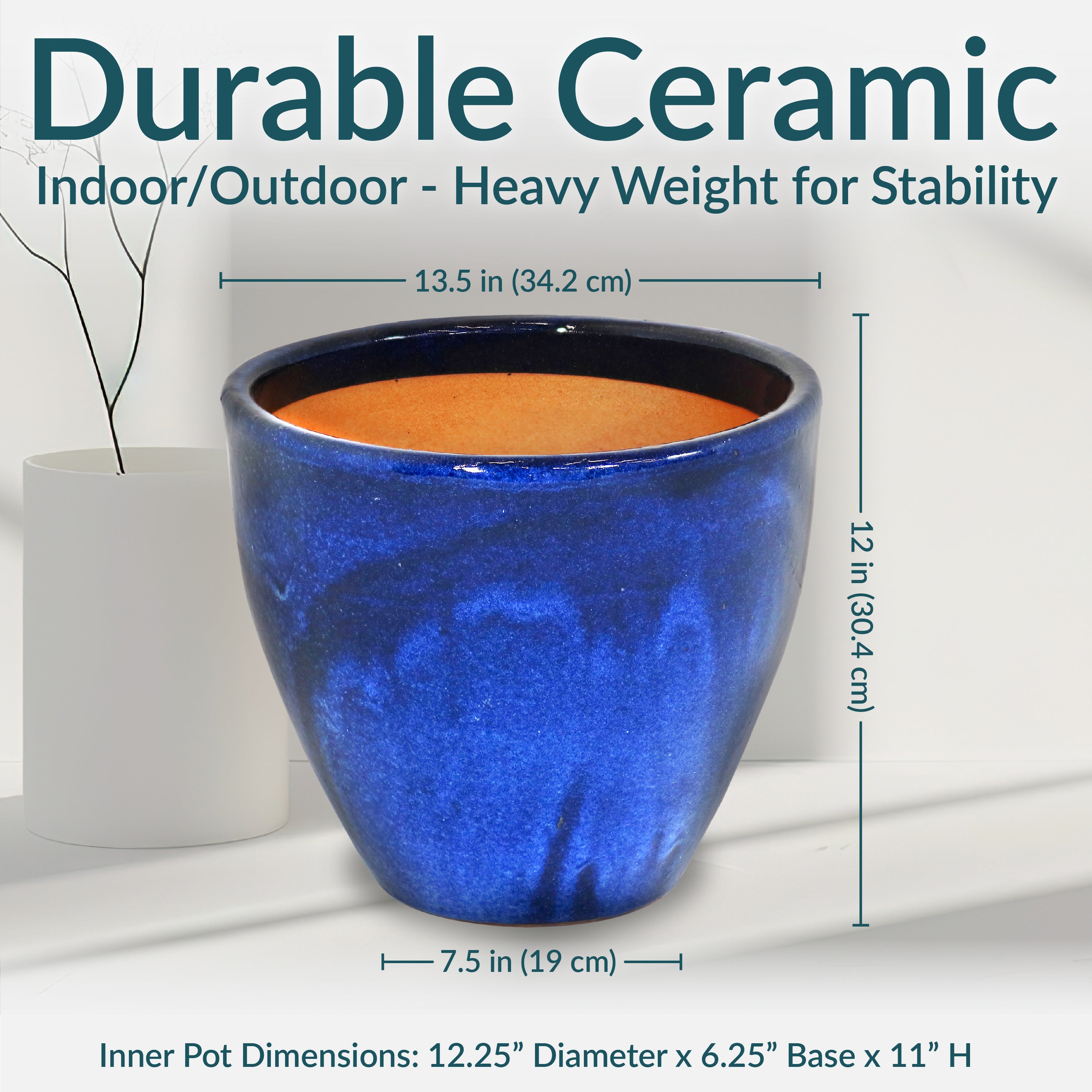 Sunnydaze Resort Round Glazed Ceramic Planter with Drainage Hole - Outdoor Garden Flower Pot for Patio, Deck & Balcony Decor