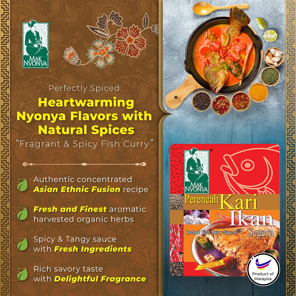 Authentic Mak Nyonya Instant Fish Curry Sauce - Hot & Spicy Asian Cooking Paste | Cholesterol Free, Trans Fat Free, No Food Coloring | Ready to Cook Malaysian Curry | Pack of 2 (7oz Each) - Perfect for Quick Meals, Seafood Dishes & Asian Cuisine