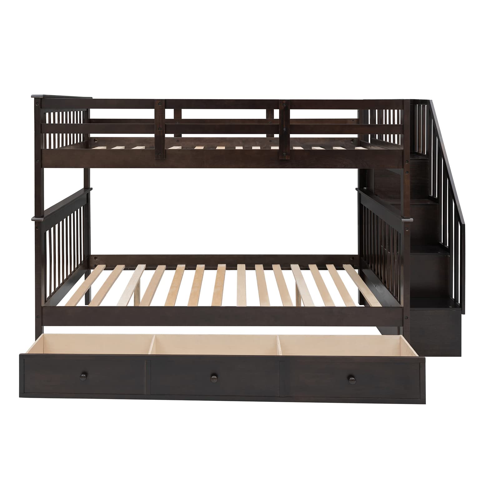 Full Over Full Bunk Bed with Stairs & Storage - Wood Frame for Kids/Adults - Space Saving Bedroom Solution