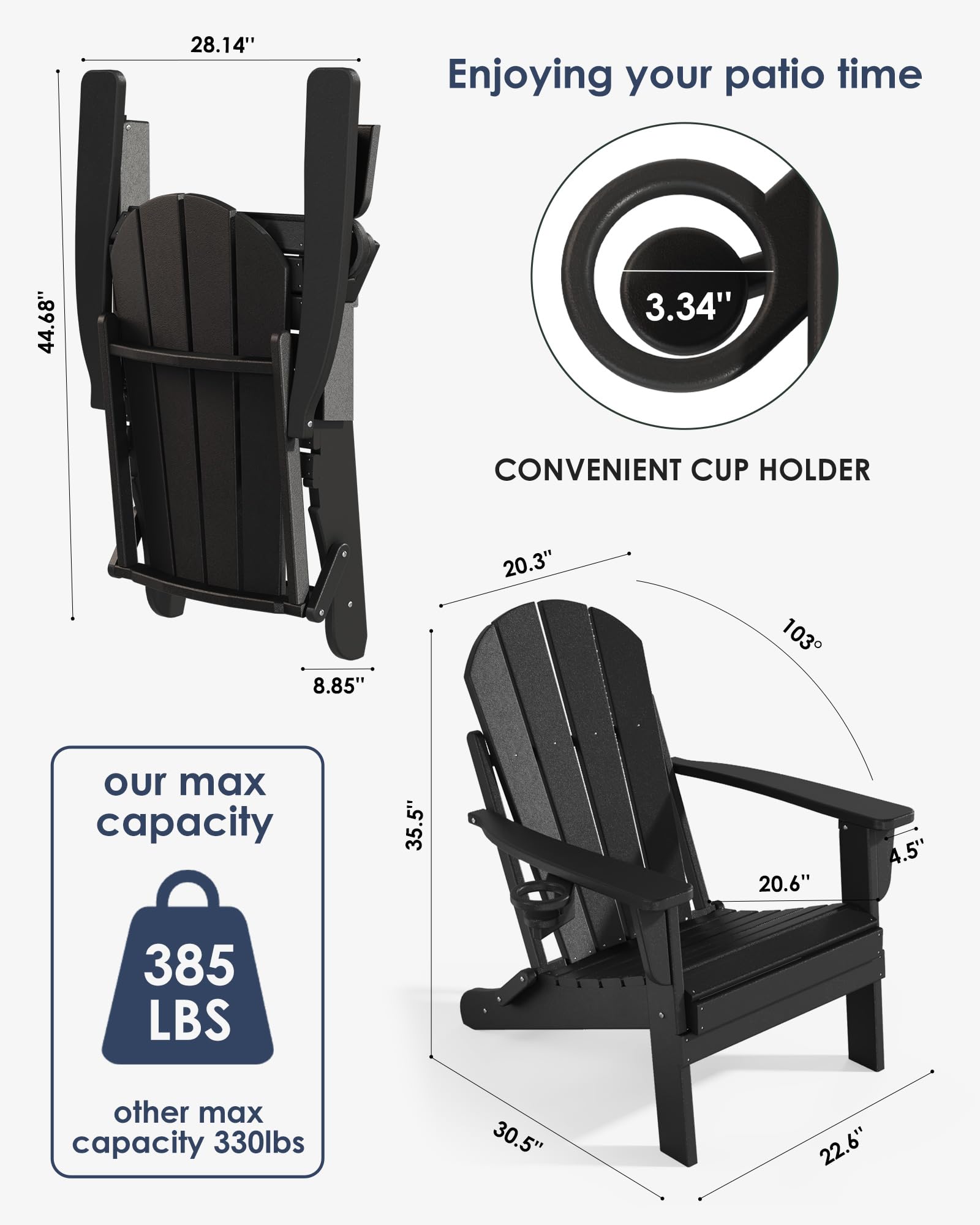 2-Pack Folding Adirondack Chairs - Heavy Duty All-Weather HDPE Outdoor Patio Chairs with Cup Holders - 385lb Weight Capacity (80% Pre-Assembled) - Perfect for Backyard, Garden, Poolside & Camping - Black
