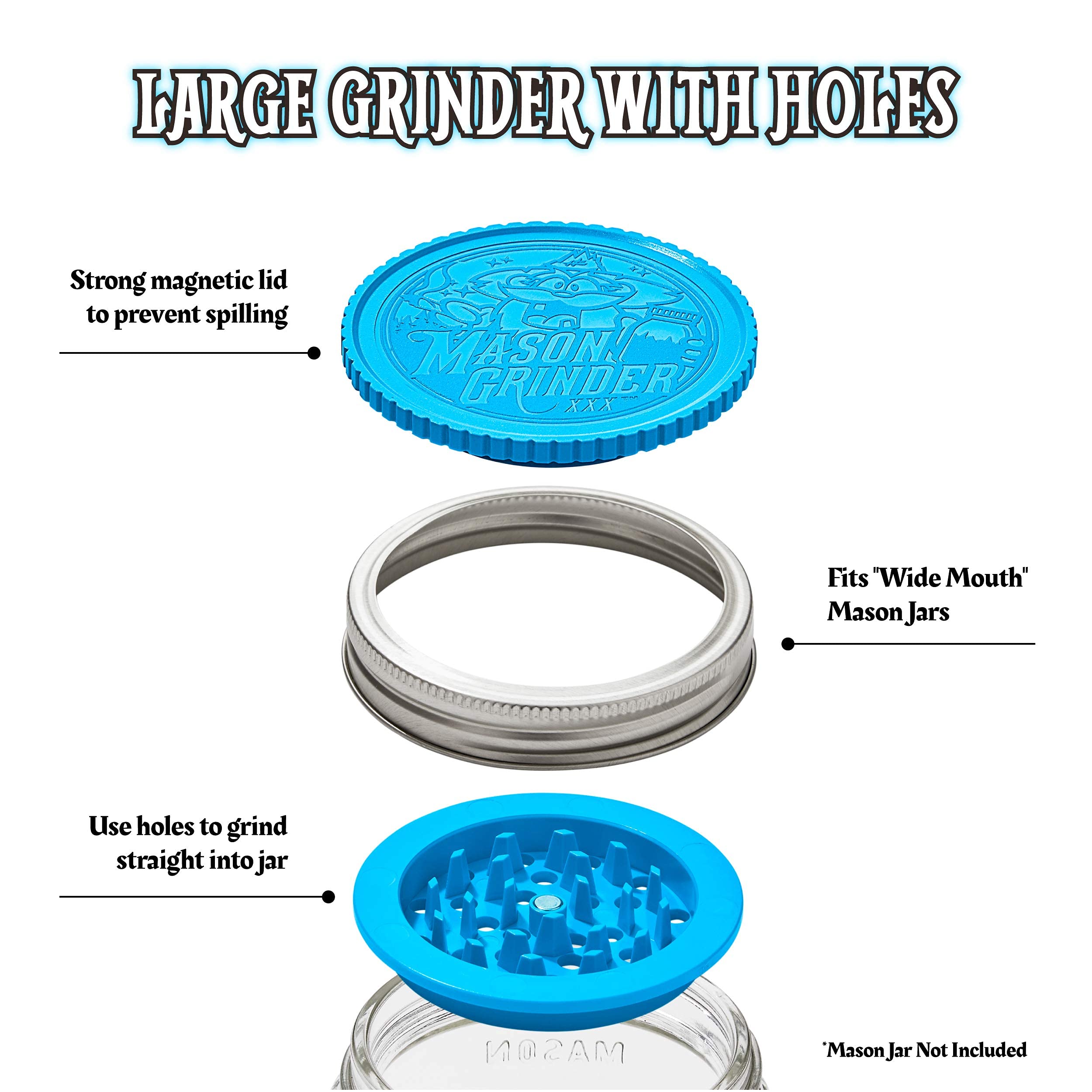 Premium 2-Piece Herb Grinder with Holes - Large Mouth Design for Wide Mason Jars - Durable & Efficient Spice Grinder for Cooking, Baking & Herbal Blends (Jar Not Included) - Perfect for Home Chefs & Herbal Enthusiasts