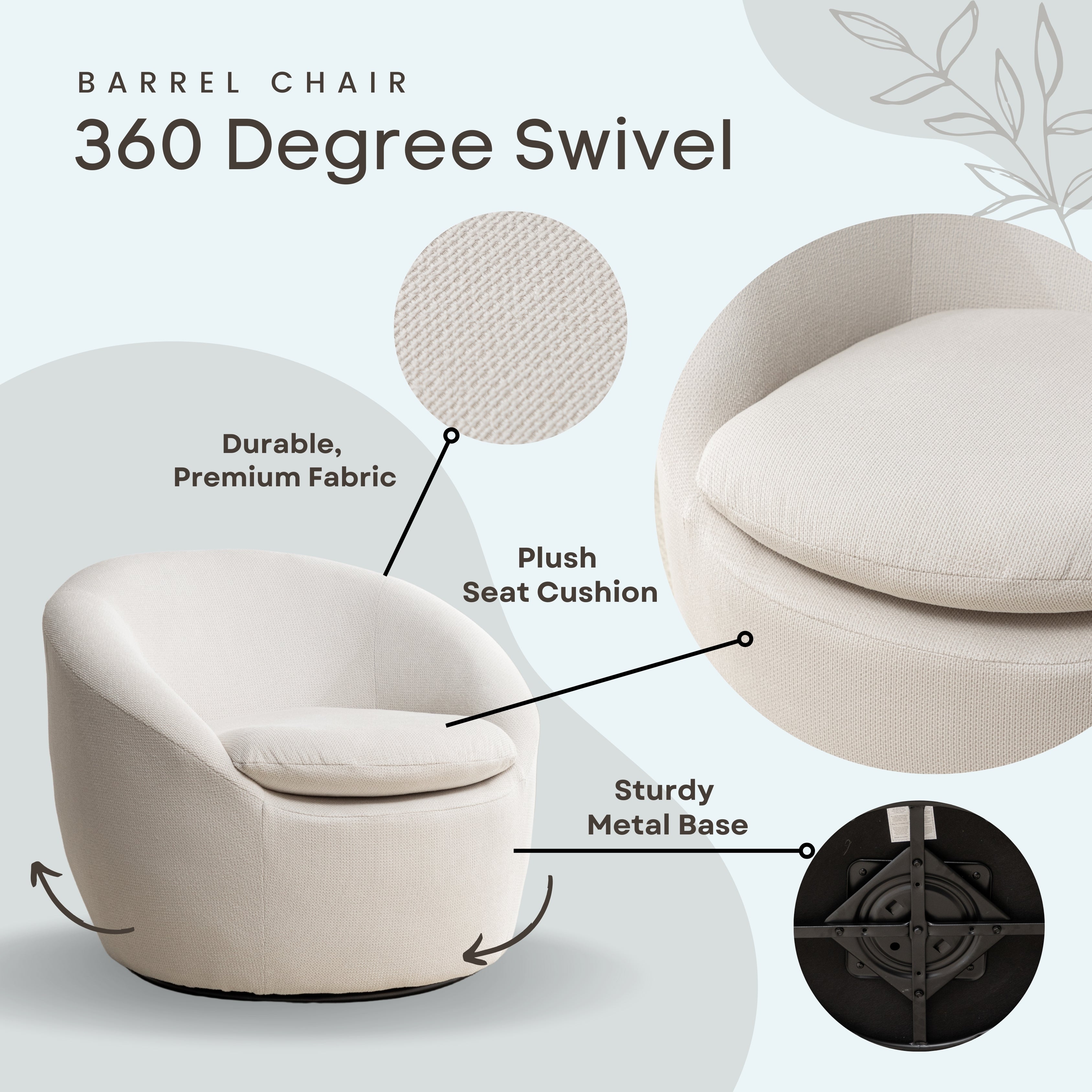Roundhill Furniture Winnie Modern Barrel Chair - 360° Swivel Accent Chair with Upholstered Seat & Metal Base for Living Room, Bedroom or Office