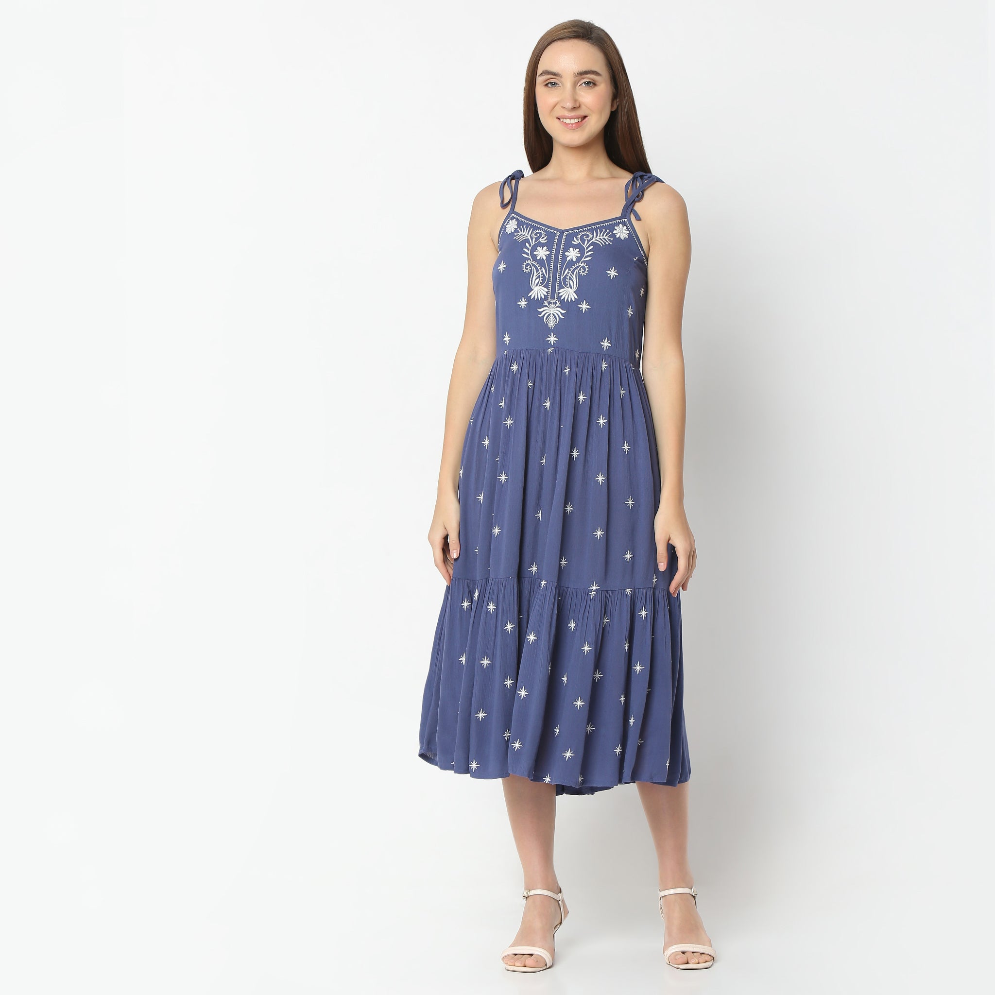Flare Fit Embroidered Below Knee V-Neck Spaghetti Strap Dress for Women - Elegant Summer Party, Wedding Guest, and Casual Outfit