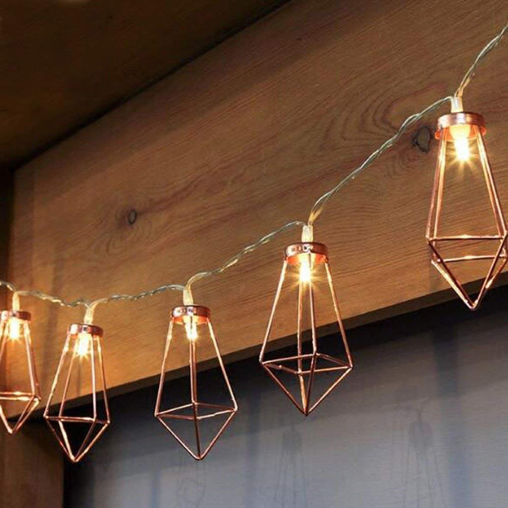 5Ft Metal Cage String Lights - 10 LED Fairy Lights Battery Powered Rose Gold Diamond Geometric Boho Decor for Bedroom, Wedding, Party, Indoor, Patio, Camping, Wall & Terrarium (Warm White) - Perfect for Romantic Ambiance, Boho Chic Decor and Cozy Outdoor Lighting