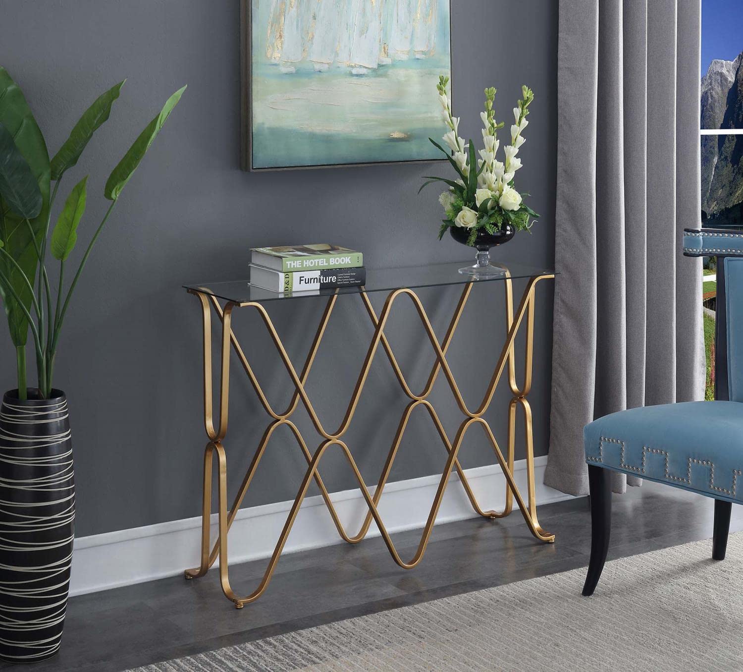 Convenience Concepts Neptune Console Table - Gold Metal Frame with Tempered Glass Top - Perfect for Entryway, Living Room & Hallway Decor