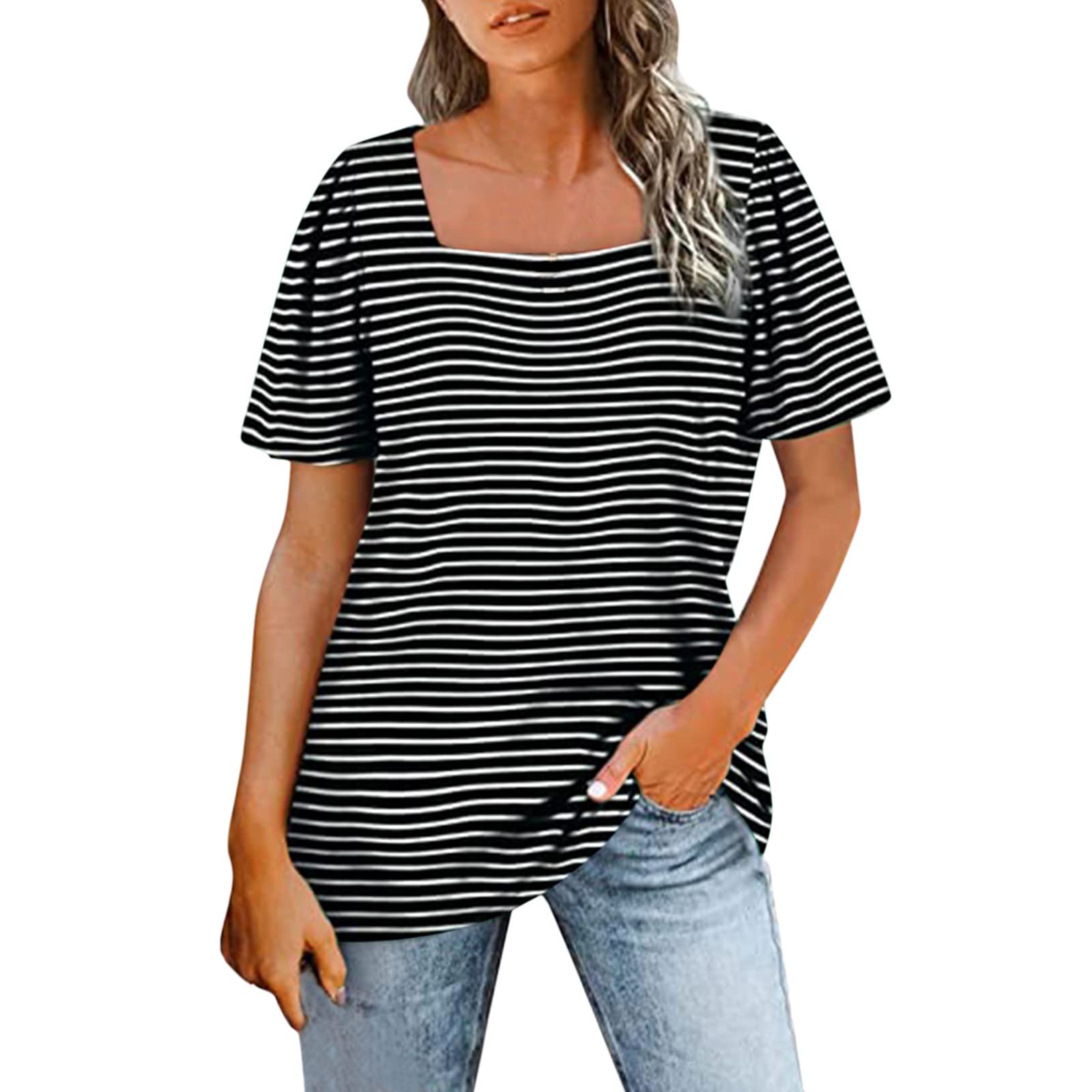 Women's Striped Casual T-Shirt - Loose Fit Short Sleeve Blouse with Rectangular Neck & Puff Sleeves | Perfect for Summer Outfits, Beach Wear & Everyday Comfort