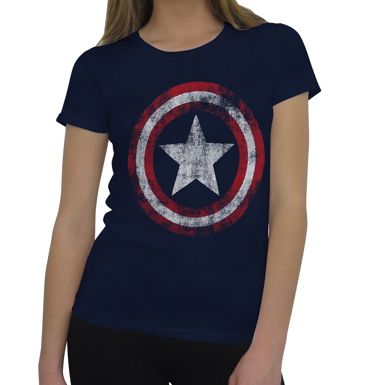 Captain America Women's Distressed Symbol T-Shirt - Vintage Style CLAS Blue Cotton Tee | Marvel Superhero Cosplay, Comic Con Outfit, Casual Streetwear