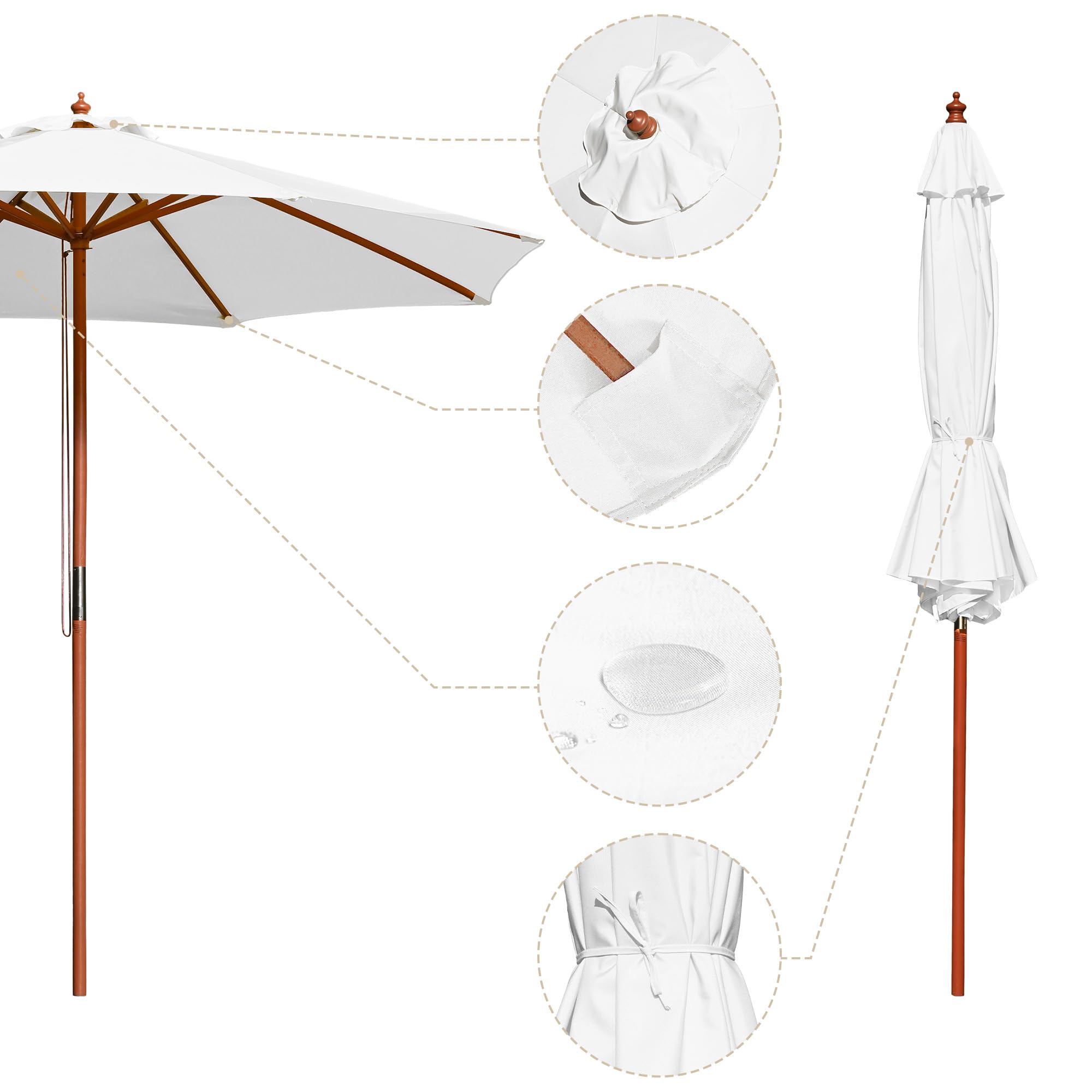 9ft Wood Outdoor Patio Umbrella - Pure White Sun Shade for Garden, Yard, Beach, Deck, Cafe & Wedding Parties - Perfect for Relaxing and Outdoor Entertaining