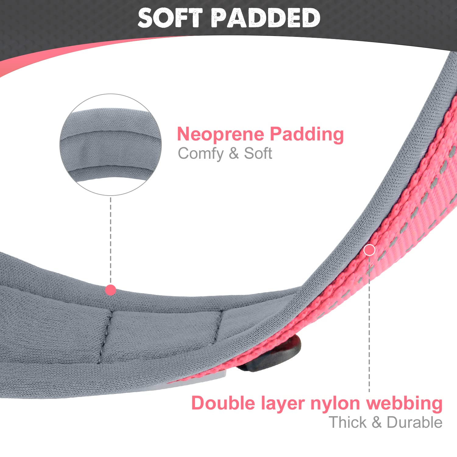 Joytale Adjustable Neoprene Padded Dog Collar for Medium Dogs - Reflective Heavy Duty Pet Collar with Metal Buckle - Comfortable Walking & Training Collar (Pink, Medium) - Perfect for Daily Walks, Outdoor Adventures & Nighttime Safety