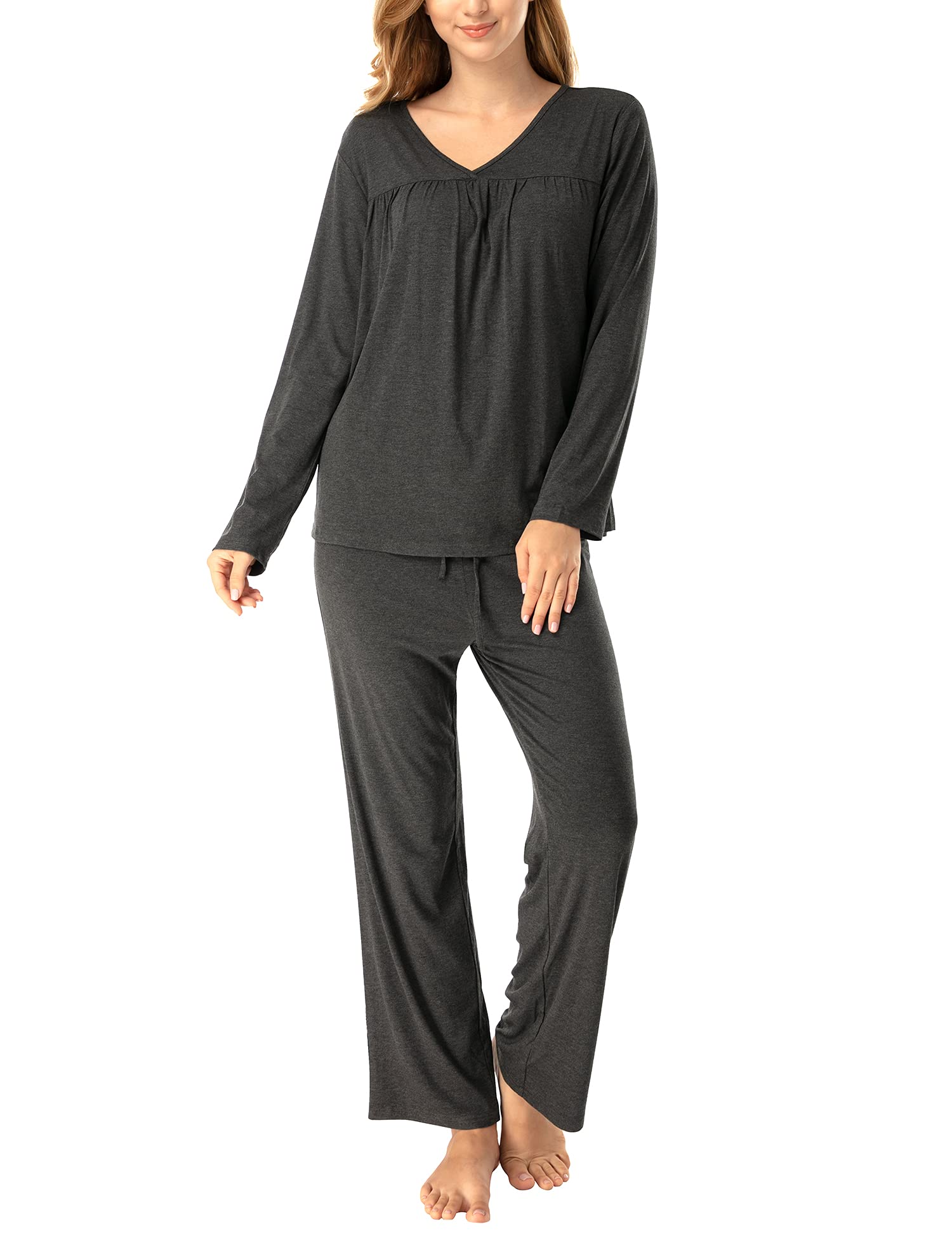 MANCYFIT Women's Long Sleeve Pajama Set - Soft Sleepwear & Lounge Pjs with V-Neck - Cozy Nightwear for Relaxing at Home, Sleeping, or Traveling