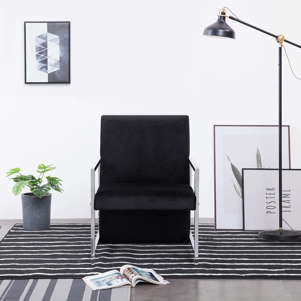 Modern Black Velvet Armchair with Chrome Feet - Sturdy Luxury Club Chair for Living Room & Bedroom | French Sofa Cube Seating Furniture | Perfect for Lounging, Reading Nooks & Home Offices