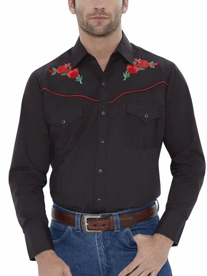 Ely Cattleman 15203901 88 Men's Black Western Shirt with Rose Embroidery - Long Sleeve Cowboy Shirt for Rodeo, Country Music Festivals & Western Style Outfits
