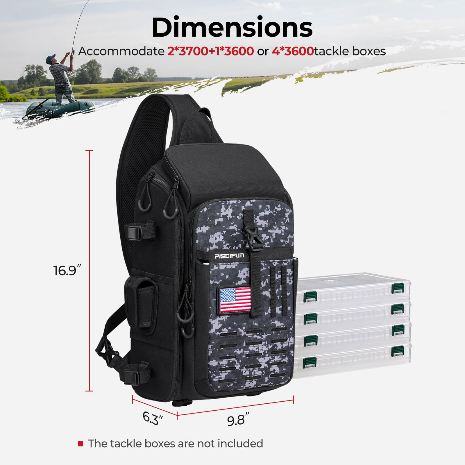 **Piscifun Fishing Sling Tackle Bag with Rod Holder & Gear Storage - Lightweight Waterproof Sling Pack with Rain Cover - Perfect for Outdoor Fishing, Hiking & Travel - Black & Camouflage**