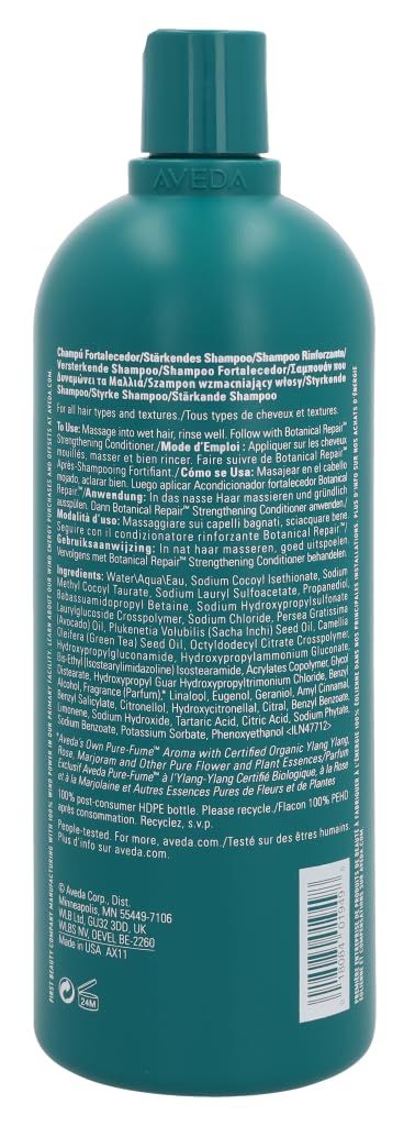 Aveda Botanical Repair Strengthening Shampoo for Damaged Hair - Bond-Building, 94% Naturally Derived, Silicone Free, 33.8 Fl Oz - Perfect for Color-Treated, Bleached & Chemically Processed Hair - Salon Quality Hair Repair at Home