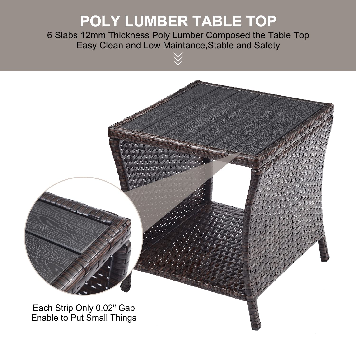 Brown Rattan Wicker Outdoor Side Table with Poly Lumber Top & Storage - Patio Coffee Table, Balcony End Table for Garden, Porch, Deck, Backyard & Living Room | Perfect for Outdoor Relaxation, Coffee Time & Small Space Storage