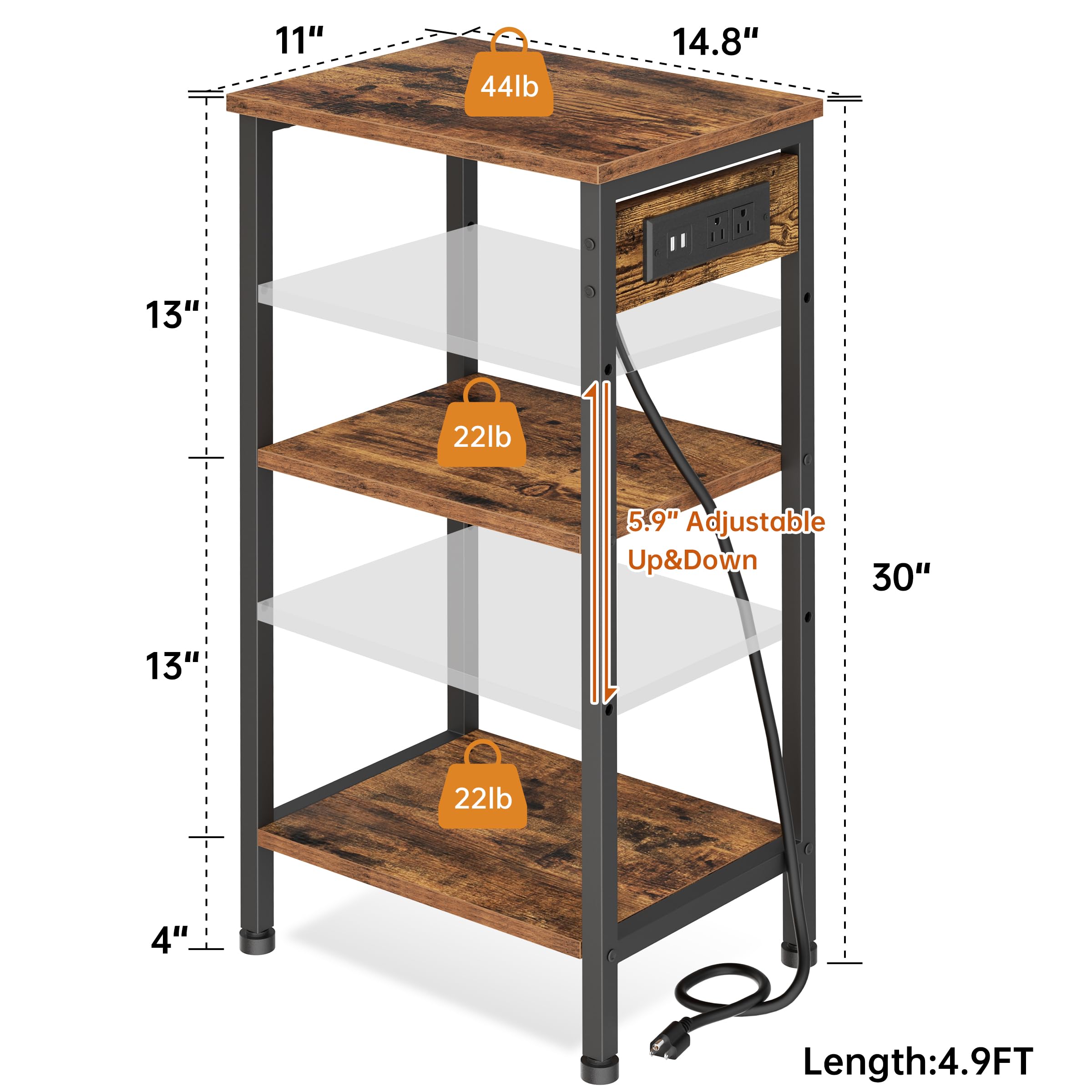 3-Tier Tall End Table with Charging Station & USB Ports - Narrow Nightstand with Storage, Slim Side Table with Outlets for Bedroom, Living Room & Office - Rustic Brown & Black - Perfect for Small Spaces & Device Charging