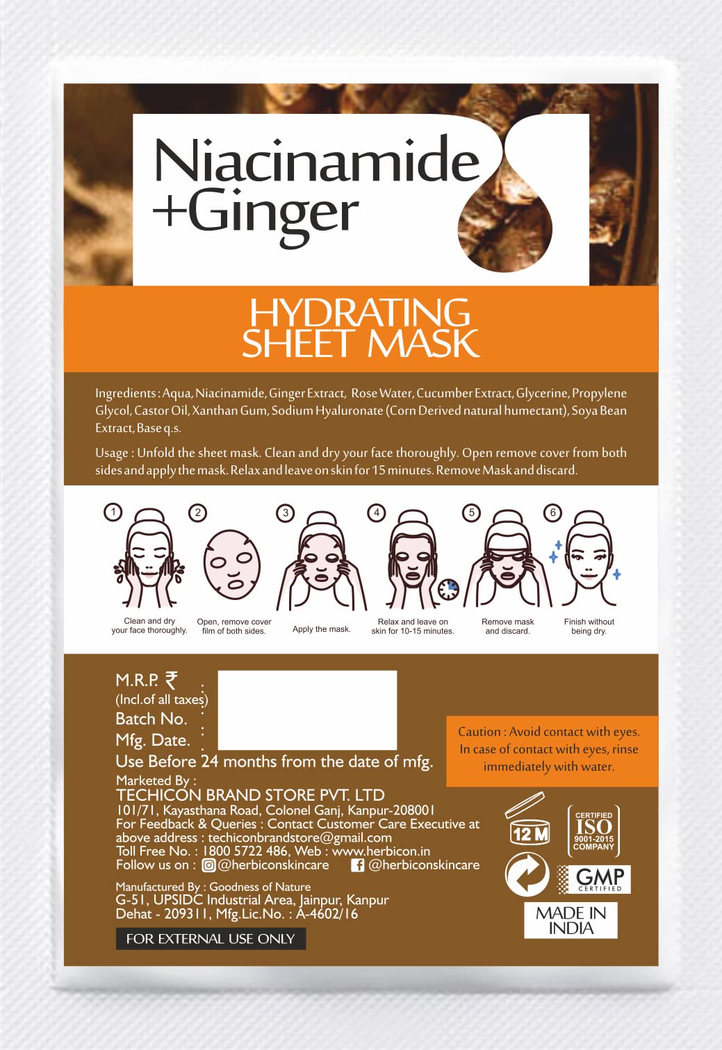 Niacinamide Face Sheet Mask with Ginger Extract for Clear & Glowing Skin - Hydrating Brightening Facial Mask for Acne, Dark Spots & Dullness - Pack of 3 (20g Each) | Perfect for Daily Skincare Routine & Spa Night