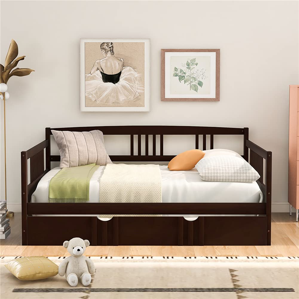 Kids Daybed Sofa Bed with Pull-Out Trundle - Pinewood Frame with Guardrails & Wood Slats - Full Size Espresso Finish - Perfect for Sleepovers, Guest Rooms & Small Spaces