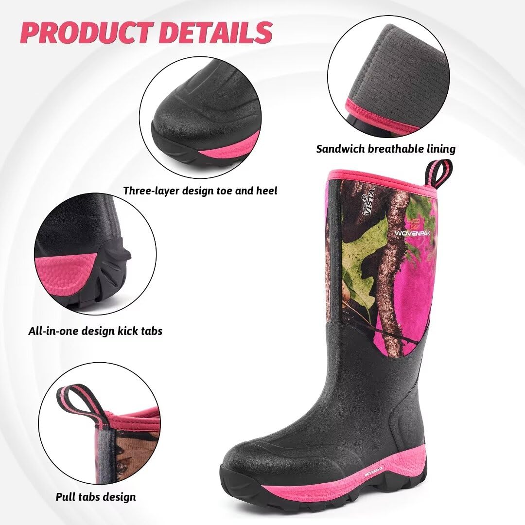 **WOVENPAK Women's Waterproof Rubber Boots – Insulated Neoprene Rain & Hunting Boots for Gardening, Farming, Outdoor Work – All-Season Comfort (Sizes 6-11) – Perfect for Wet Weather, Muddy Trails & Farm Chores**
