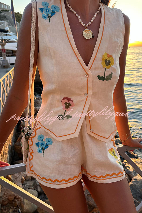 Stylish Summer Flower Printed Linen Blend Vest & Elastic Waist Shorts Set with Pockets - Casual Outfit for Beach Vacation, Picnic, and Summer Fashion