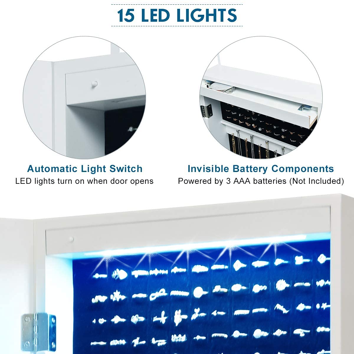 15 LED Jewelry Armoire Organizer - Wall/Door Mounted Jewelry Cabinet with Full Length Mirror, Lockable Jewelry Storage Box with Large Capacity & Compartments, 2 Bottom Drawers - White | Perfect for Bedroom, Closet & Dressing Room Organization