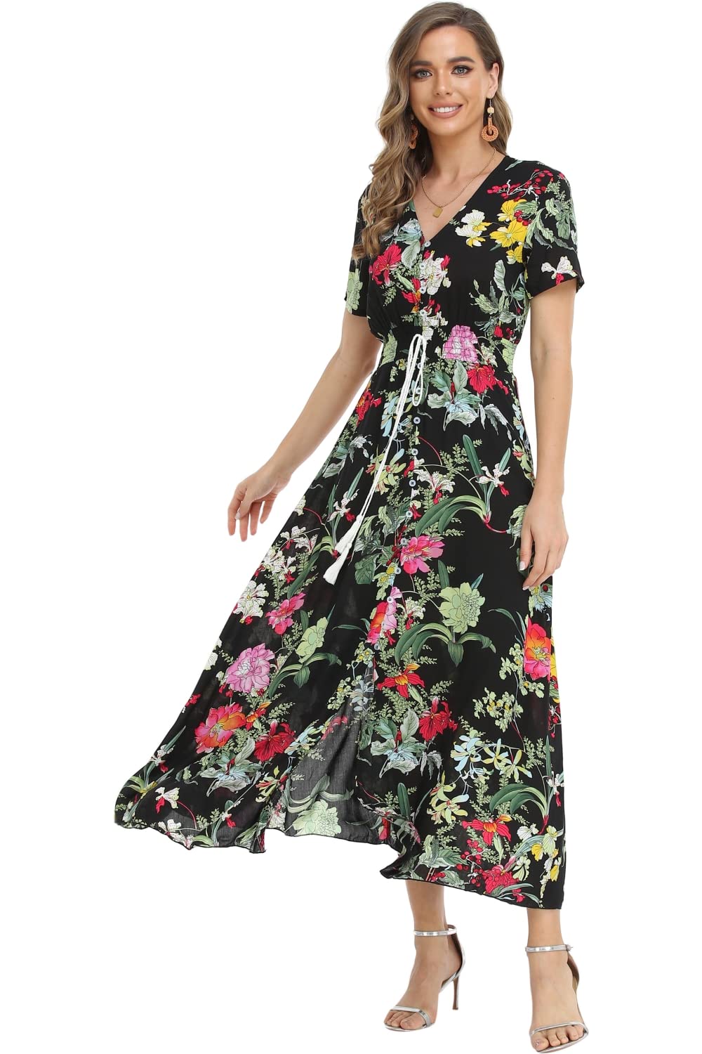 Boho Floral Maxi Dress for Women - Summer Button Up Beach Dress with Side Slit & Flowy Skirt | Perfect for Beach Vacations, Music Festivals & Boho Chic Outfits