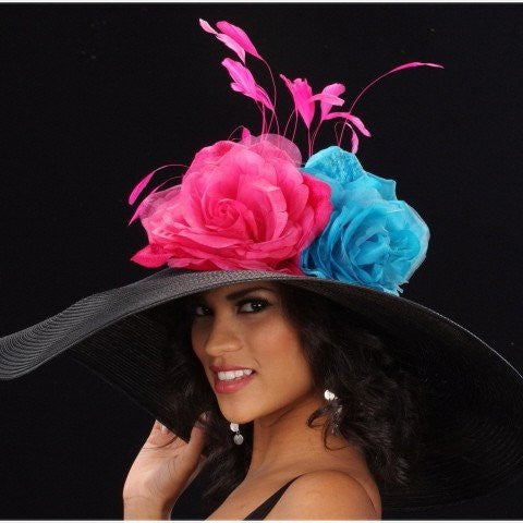 OE8003 Women's Black Straw Sun Hat with Large Pink & Blue Flowers & Pink Feather - Perfect for Beach, Garden Parties & Summer Outfits
