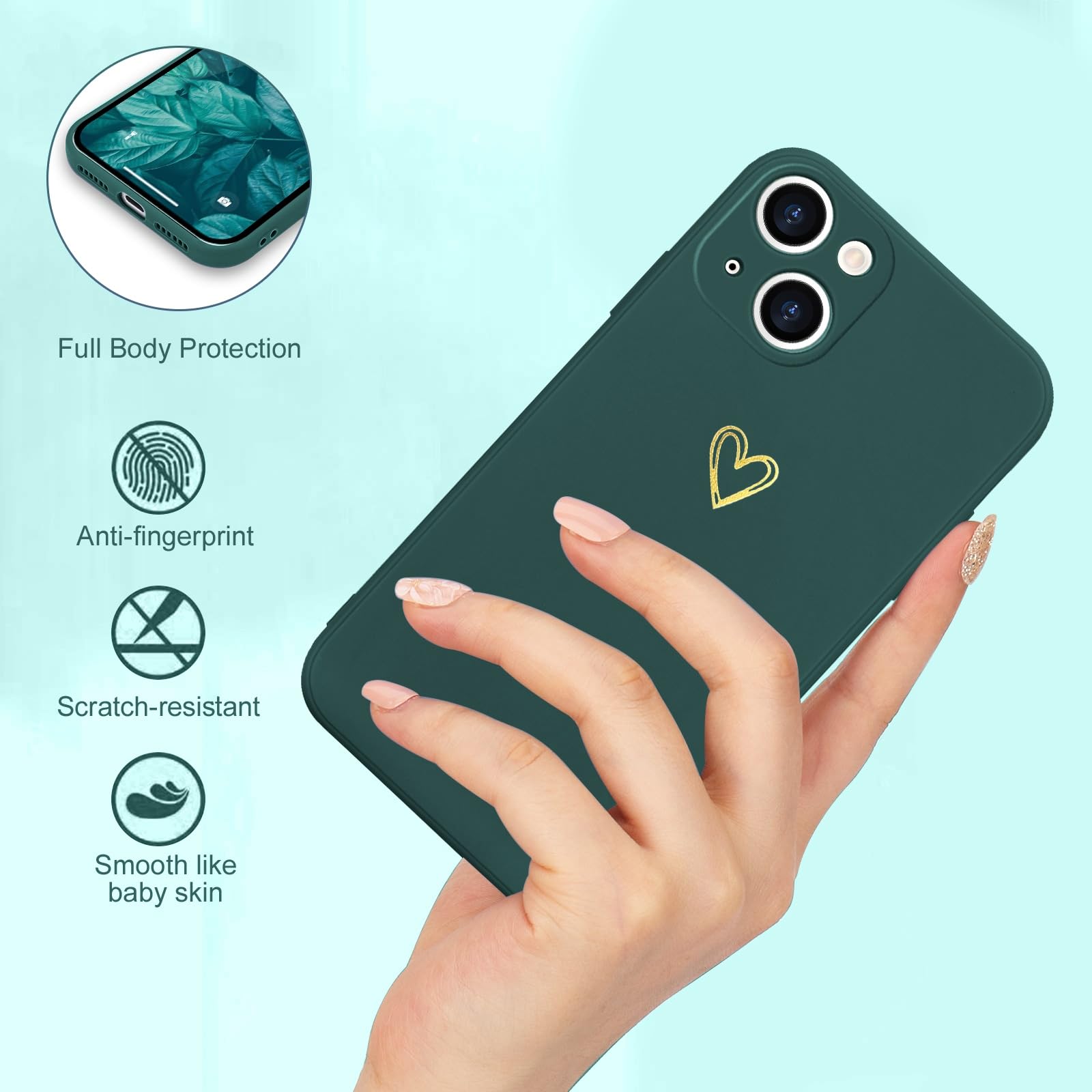 Cute Slim Shockproof iPhone 14 Case with Wireless Charging Support - Protective Green Phone Cover for Everyday Use, Travel & Outdoor Activities