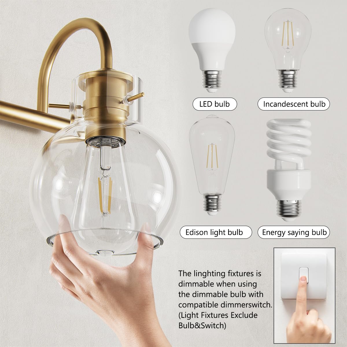 Modern Gold Vanity Light Fixture - 3 Light Bathroom Sconce with Clear Globe Glass Shade for Mirror Lighting, E26 Base - Perfect for Bathroom, Hallway & Dressing Room Makeup Vanity