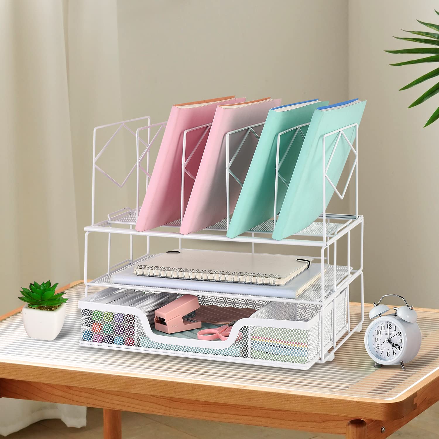 Gianotter White Desk Organizer with Sliding Drawer & Double Tray - 5-Section File Sorter for Office Supplies | Perfect for Home Office, School & Workspace Organization